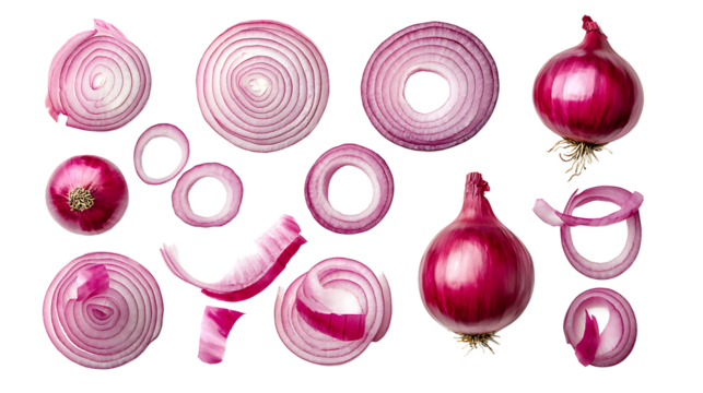 Set of red onions whole bulbs and pieces isolated on transparent background,Set of red onion slices,top view,Fresh red onion and cut in various size,png,Sliced red onions png,full depth of field,Ai