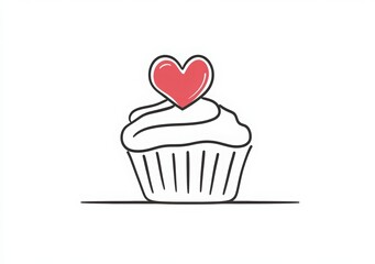One line drawing of a cupcake with a heart shape on top, line art design for a birthday party banner or greeting card template. 