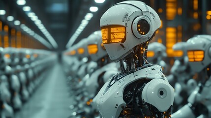 Fototapeta premium A line of white humanoid robots stand in a futuristic factory setting.