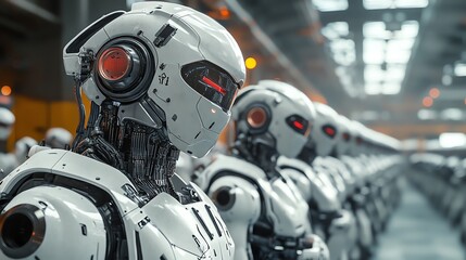 Fototapeta premium A line of futuristic robots stands in a factory setting, showcasing advanced technology and automation.