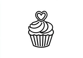 One line drawing of a cupcake with a heart shape on top, line art design for a birthday party banner or greeting card template. 