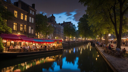 Scenic canal-side cafes with lit terraces during a serene twilight evening, showcasing vibrant umbrellas.