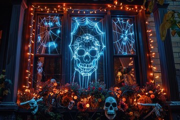 Spooky Halloween window decorations with spiders  skulls  and webs.