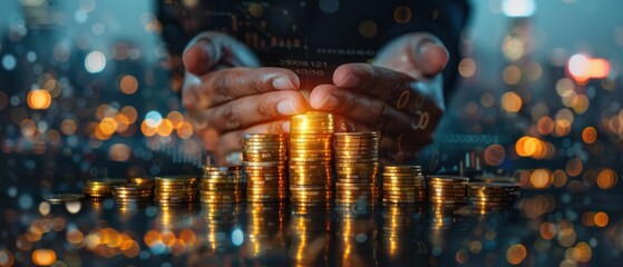 Hands Stacking Coins Against a City Skyline