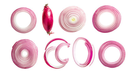 Set of red onion whole bulbs and pieces isolated on transparent background,Set of red onion slices,top view,Fresh red onion and cut in various size,png,Sliced red onions png,full depth of field,Ai