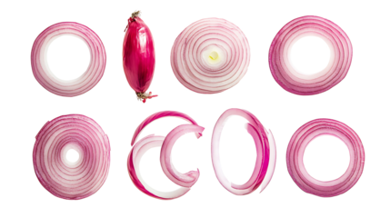 Set of red onion whole bulbs and pieces isolated on transparent background,Set of red onion slices,top view,Fresh red onion and cut in various size,png,Sliced red onions png,full depth of field,Ai