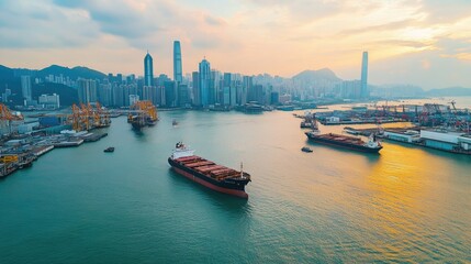 Naklejka premium Aerial shot of a harbor with ships and tall buildings in the background, leaving space for copy.