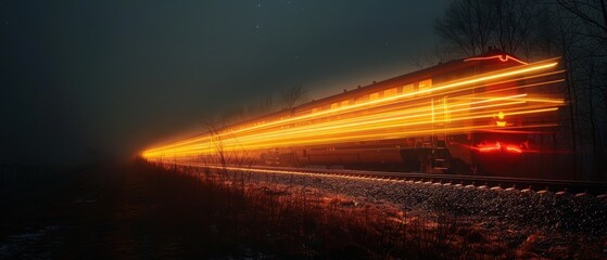 Bright Train Lights on Foggy Night Track
