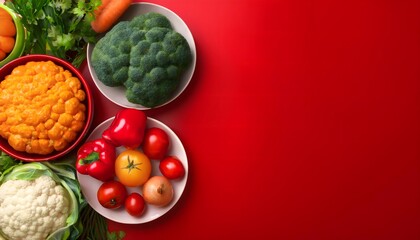 Fresh Vegetables on Red Background with Copy Space for Recipe or Food Blog