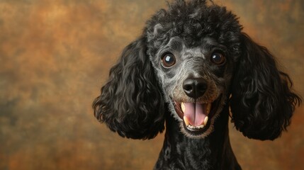 Affectionate Standard Poodle happy head portrait on a brown background in the studio