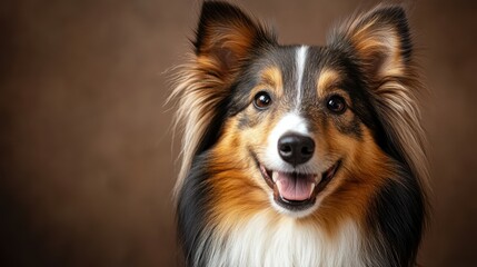 Friendly Shetland Sheepdog happy head portrait on a brown background in the studio