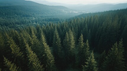 Fototapeta premium Aerial shot of a mountainous forest landscape, with tall trees and clear skies, leaving room for copy.