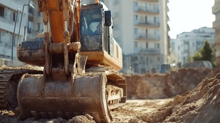 Fototapeta premium Heavy-duty excavator at a construction site, framed by earth and building materials, representing progress and development