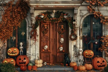 Obraz premium Halloween front door with pumpkins skeletons and decorations.