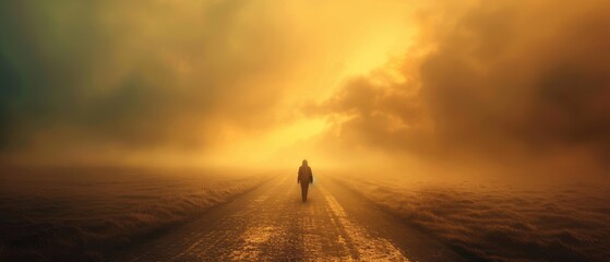 Solitary Figure on a Mysterious Foggy Road