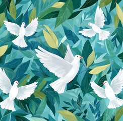 Seamless pattern featuring white doves