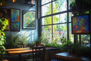 Obraz premium Cozy cafe interior filled with plants. Light shines through large windows. Art adorns the walls creating a warm atmosphere. A perfect spot for relaxing or working. Generative AI
