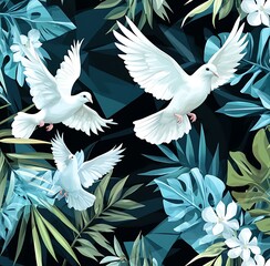 Seamless pattern featuring white doves