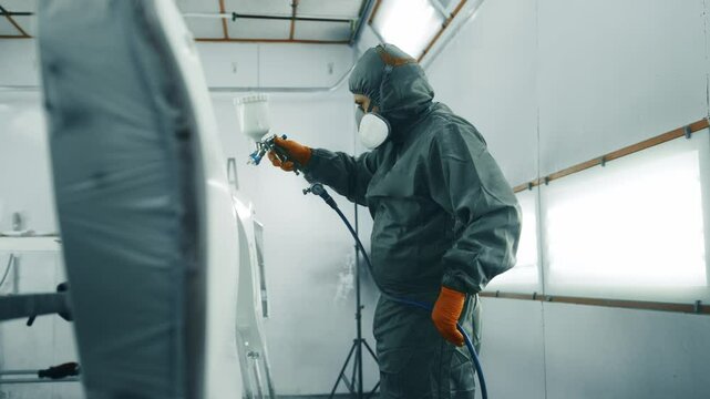 An industrial worker applies paint in a spray booth wearing protective gear