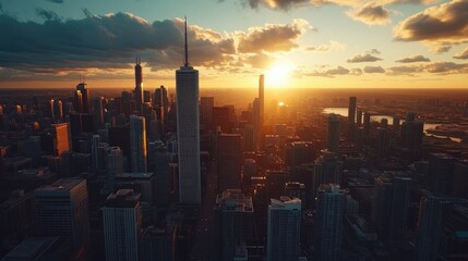 Fototapeta premium Aerial view of a city skyline at sunset with high-rise buildings, leaving space for copy in the sky.