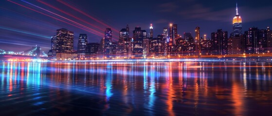 Obraz premium Vibrant City Lights Reflecting on Water at Night