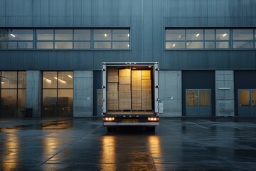 Wooden boxes inside a truck trailer being loaded in a warehouse for cargo transportation building evening architecture.