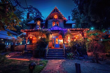 Fototapeta premium California house decorated with Halloween lights on Halloween night.