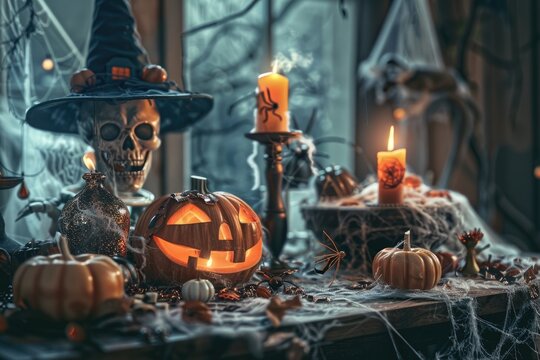 Spooky Halloween Still Life with Colorful Decor and Silhouettes