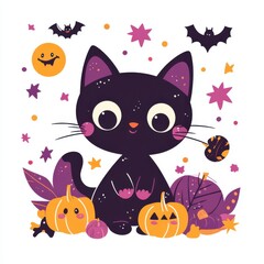 A cute black cat surrounded by autumn pumpkins and Halloween decorations, perfect for festive designs and seasonal themes.