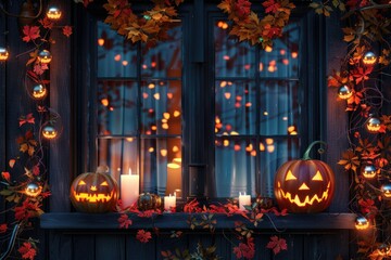Obraz premium Festive Halloween decorations in house window with pumpkins and candles.