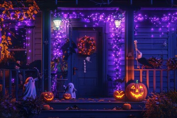 Spooky Halloween house decorations with orange and purple theme