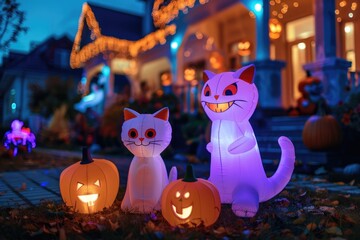 Naklejka premium Halloween house with illuminated outdoor decorations and inflatable figures