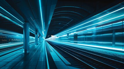 Futuristic Bioluminescent Train Station with Glowing Platforms and Trains