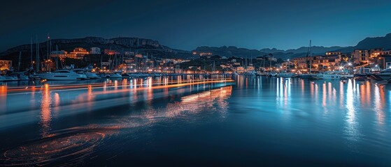 Obraz premium Serene Nighttime Harbor with Gentle Water Reflections