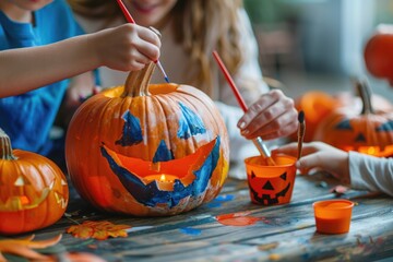 Family preparing Halloween pumpkin decorations together.