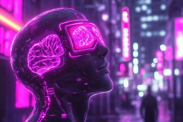 A man with a brain on his head is looking at a city street