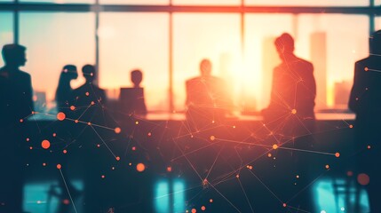 Silhouettes of People in a Meeting with Abstract Network Overlay