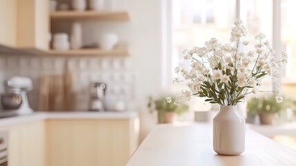 White Flowers in a Vase on a Kitchen Counter
