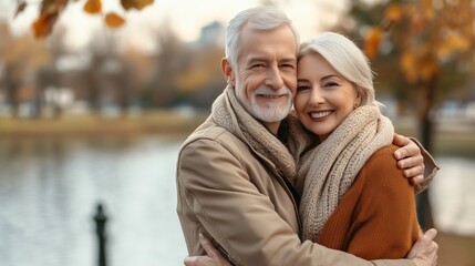 Fototapeta premium A couple of older people are hugging each other in a park