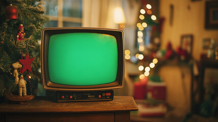 3d rendered classical television green screen monitor with chroma key tv winter Christmas celebration night retrospect vintage warm light atmosphere scene composition graphic design element background