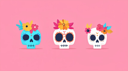Fototapeta premium Three colorful sugar skulls decorated with flowers on pink background, representing Day of Dead celebration