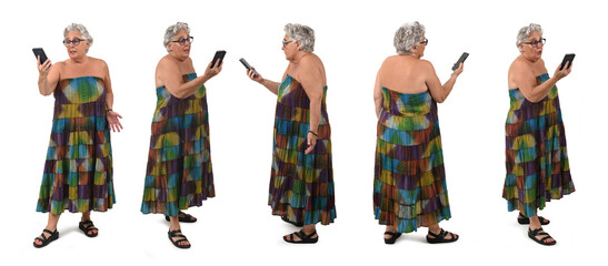 various poses of same older woman standing talking on a mobile phone on white background