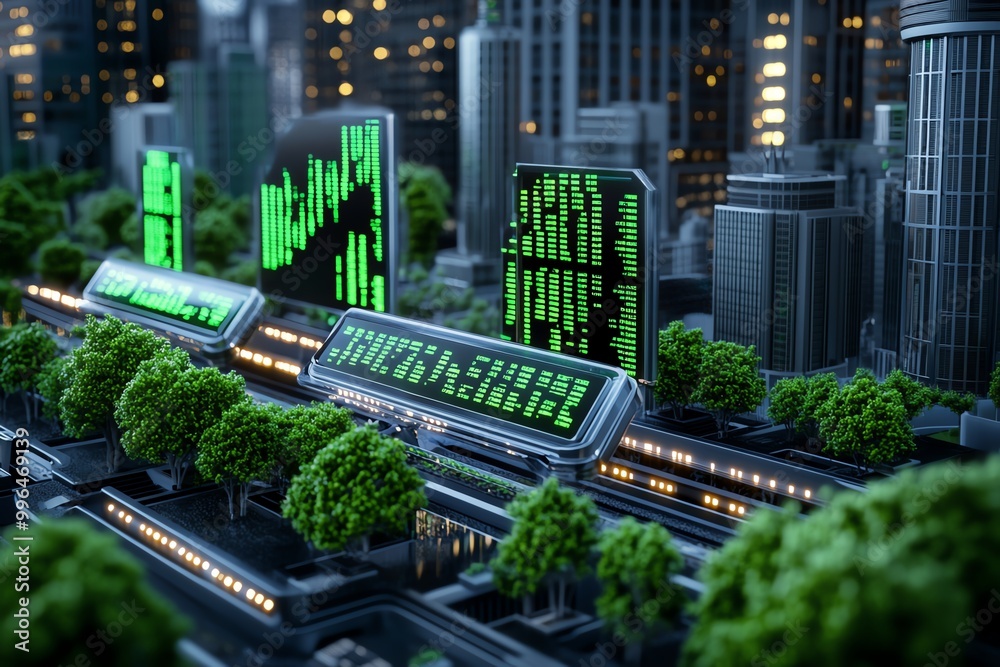 Aufkleber a futuristic city where holographic stock tickers display real-time financial data, showing advanced