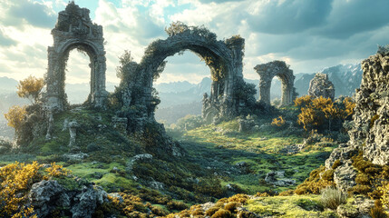 Explore a breathtaking fantasy world showcasing ancient ruins covered in moss, surrounded by mystical forests and rolling green hills under a vibrant sky