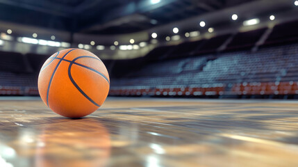 On a gleaming court in an echoing stadium, a solitary basketball awaits action, embodying the spirit of competition and passion for the game