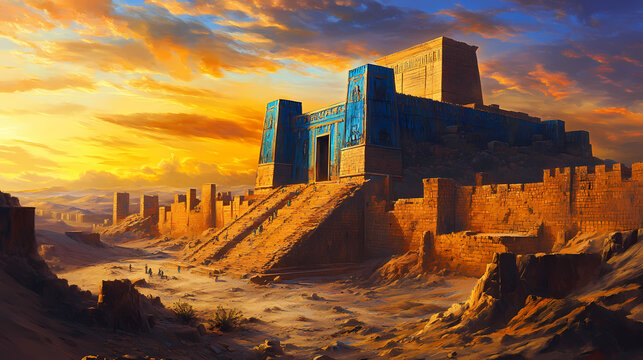 Ancient city of babylon ruins with ishtar gate's vibrant blue-glazed bricks, ziggurats, and crumbling stone walls amidst mesopotamian desert landscape sunset. Ancient Mesopotamia. Illustration