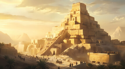 Ancient city of babylon with iconic tower of babel biblical story of multilingual communication illustration. Ancient Mesopotamia. Illustration