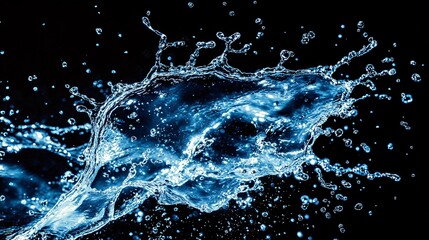 Water splash with blue color on a black background,  the isolated water splash against a plain background,