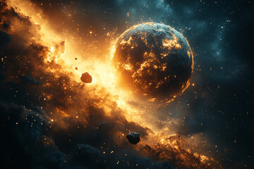 Space, cosmic phenomena, luminescence, explosions, collisions of cosmic bodies.