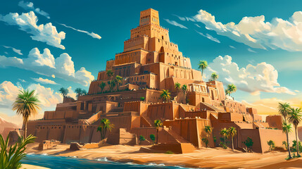 Ancient city of babylon with iconic tower of babel biblical story of multilingual communication illustration. Ancient Mesopotamia. Illustration